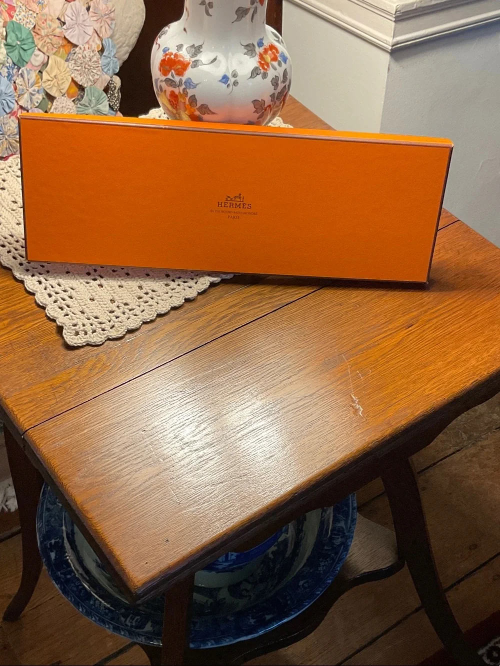Vintage Hermes 90s Orange Tie Box With Tissue And Ribbon.
